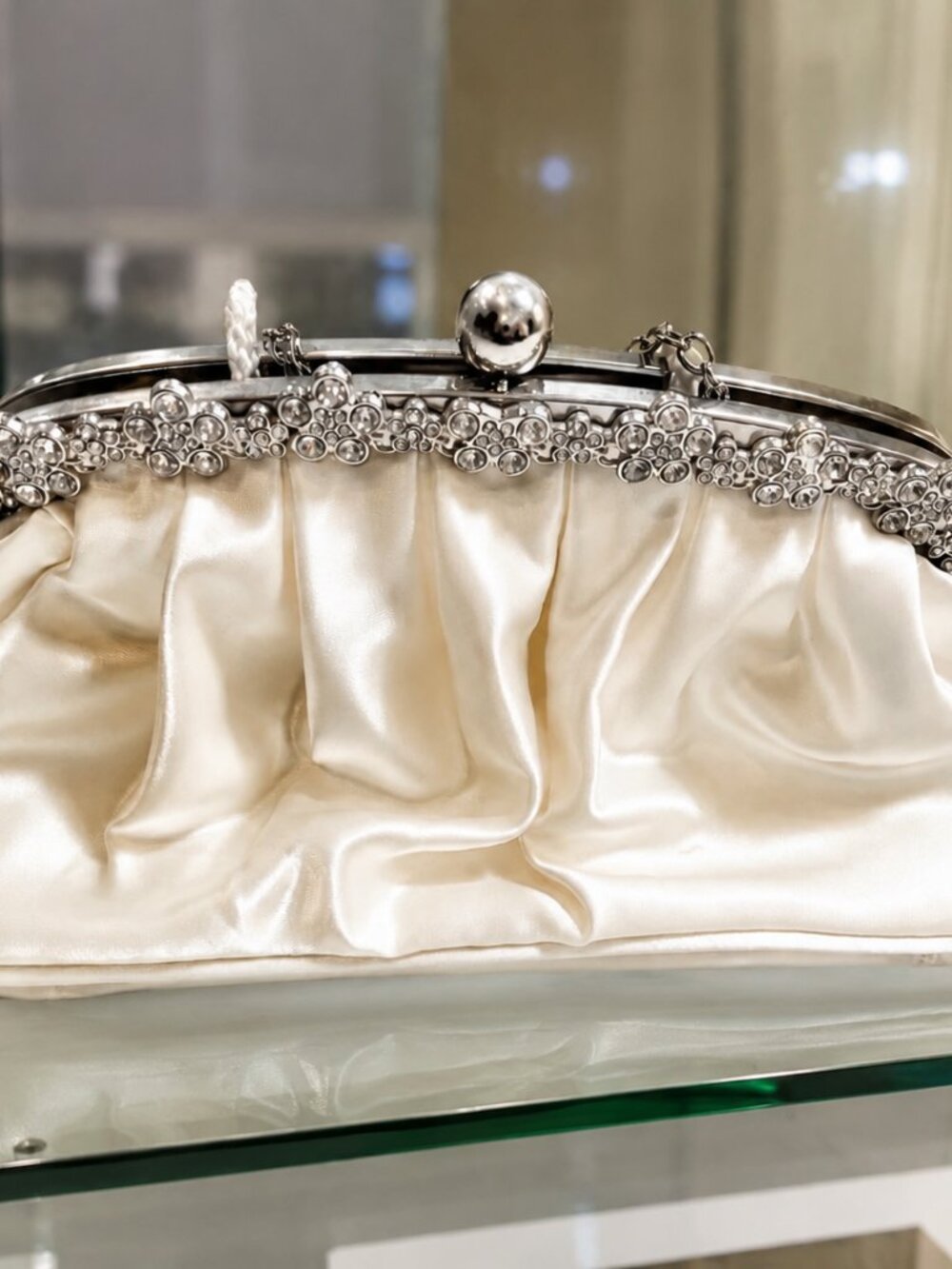 Claire's Vintage Ivory Satin Evening Clutch Bridal Bag Chain & Cord Handle